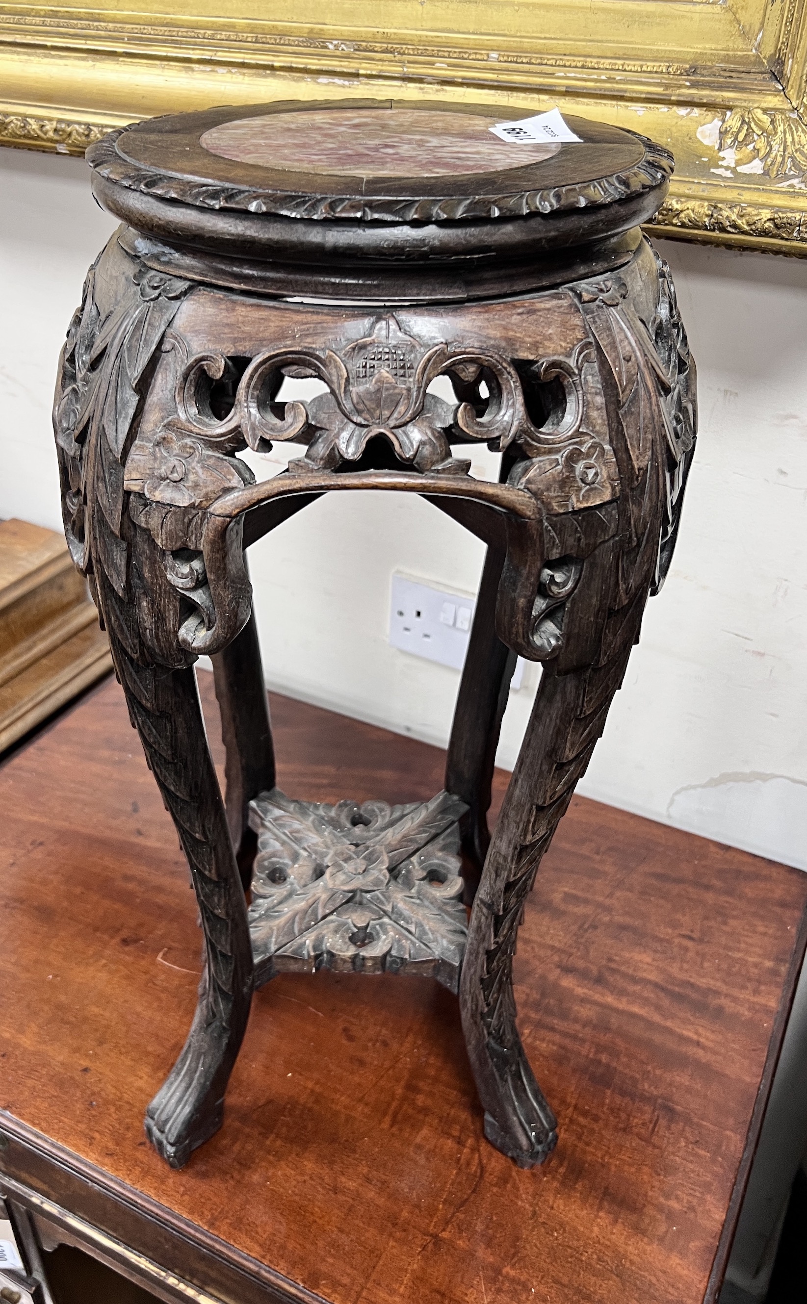 A Chinese marble inset hardwood vase stand, height 61cm